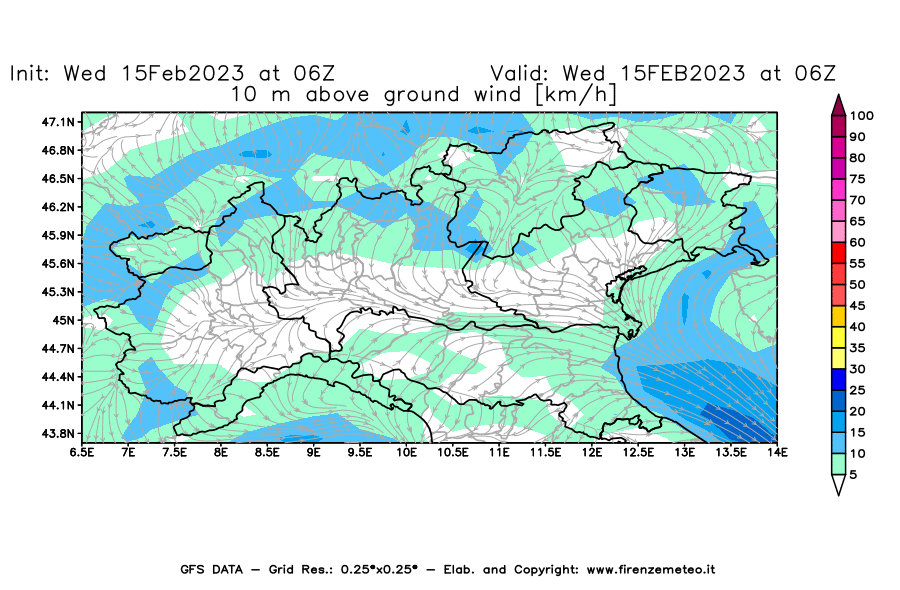 Mappa di analisi GFS - Velocità del vento a 10 metri dal suolo [km/h] in Nord-Italia
							del 15/02/2023 06 <!--googleoff: index-->UTC<!--googleon: index-->