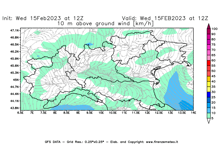 Mappa di analisi GFS - Velocità del vento a 10 metri dal suolo [km/h] in Nord-Italia
							del 15/02/2023 12 <!--googleoff: index-->UTC<!--googleon: index-->