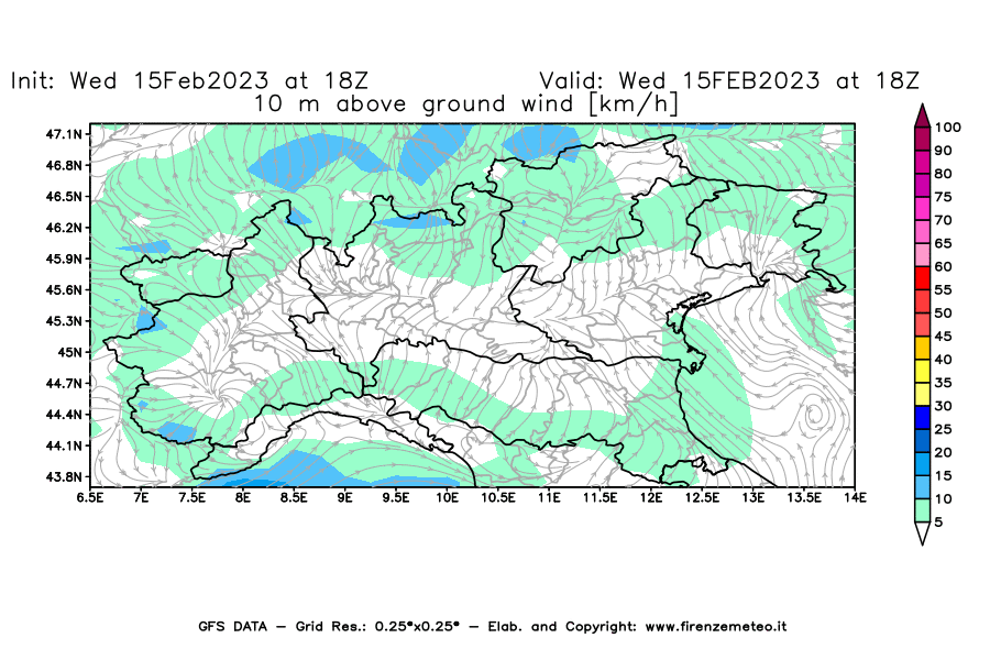 Mappa di analisi GFS - Velocità del vento a 10 metri dal suolo [km/h] in Nord-Italia
							del 15/02/2023 18 <!--googleoff: index-->UTC<!--googleon: index-->
