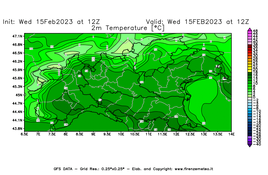 Mappa di analisi GFS - Temperatura a 2 metri dal suolo [°C] in Nord-Italia
							del 15/02/2023 12 <!--googleoff: index-->UTC<!--googleon: index-->