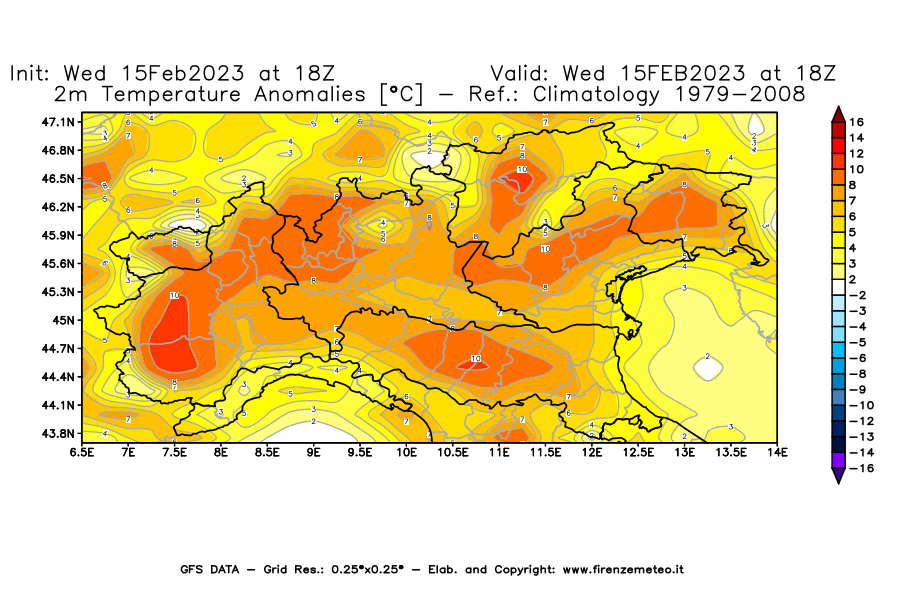 Mappa di analisi GFS - Anomalia Temperatura [°C] a 2 m in Nord-Italia
							del 15/02/2023 18 <!--googleoff: index-->UTC<!--googleon: index-->