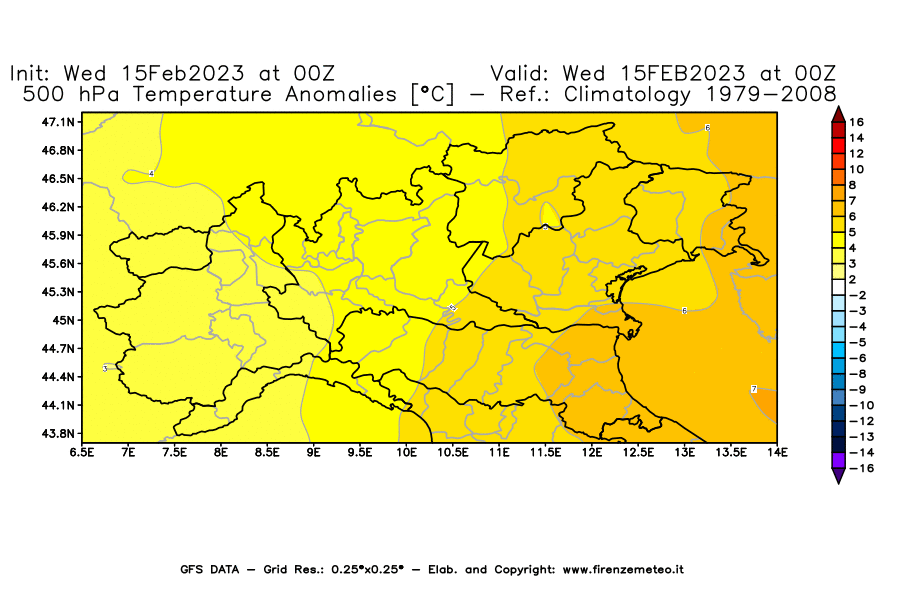 Mappa di analisi GFS - Anomalia Temperatura [°C] a 500 hPa in Nord-Italia
							del 15/02/2023 00 <!--googleoff: index-->UTC<!--googleon: index-->