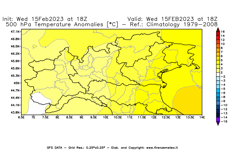 Mappa di analisi GFS - Anomalia Temperatura [°C] a 500 hPa in Nord-Italia
							del 15/02/2023 18 <!--googleoff: index-->UTC<!--googleon: index-->