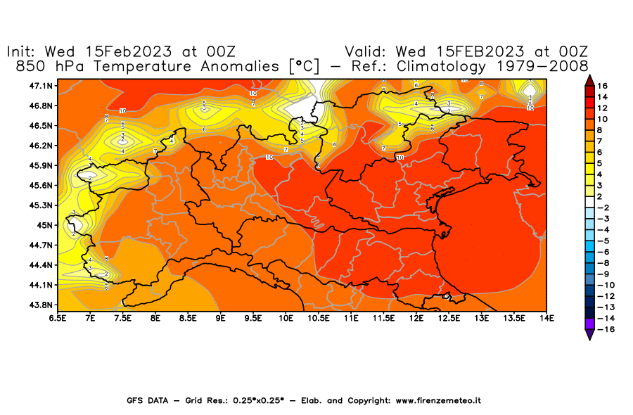 Mappa di analisi GFS - Anomalia Temperatura [°C] a 850 hPa in Nord-Italia
							del 15/02/2023 00 <!--googleoff: index-->UTC<!--googleon: index-->