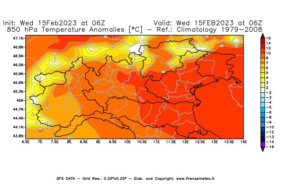 Mappa di analisi GFS - Anomalia Temperatura [°C] a 850 hPa in Nord-Italia
							del 15/02/2023 06 <!--googleoff: index-->UTC<!--googleon: index-->