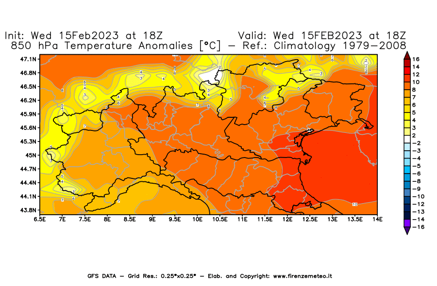 Mappa di analisi GFS - Anomalia Temperatura [°C] a 850 hPa in Nord-Italia
							del 15/02/2023 18 <!--googleoff: index-->UTC<!--googleon: index-->