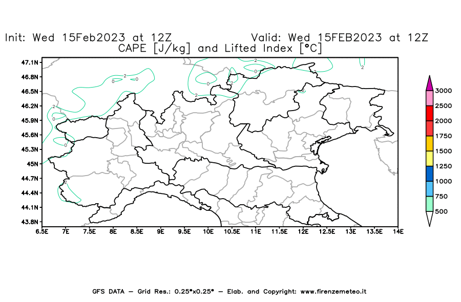 Mappa di analisi GFS - CAPE [J/kg] e Lifted Index [°C] in Nord-Italia
							del 15/02/2023 12 <!--googleoff: index-->UTC<!--googleon: index-->