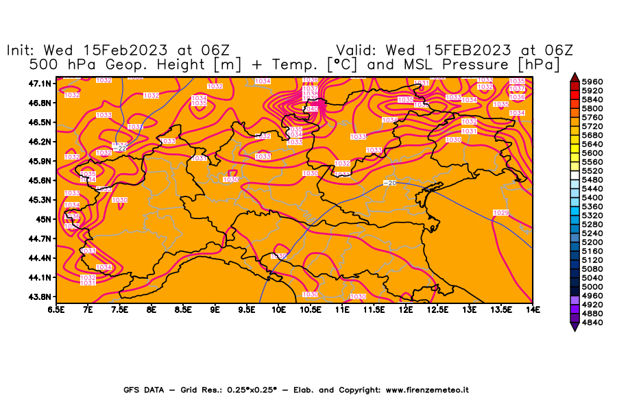 Mappa di analisi GFS - Geopotenziale [m] + Temp. [°C] a 500 hPa + Press. a livello del mare [hPa] in Nord-Italia
							del 15/02/2023 06 <!--googleoff: index-->UTC<!--googleon: index-->