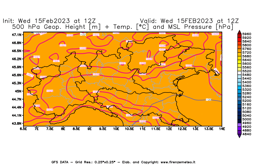 Mappa di analisi GFS - Geopotenziale [m] + Temp. [°C] a 500 hPa + Press. a livello del mare [hPa] in Nord-Italia
							del 15/02/2023 12 <!--googleoff: index-->UTC<!--googleon: index-->