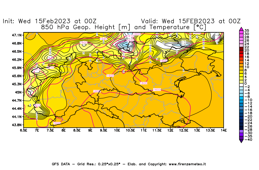 Mappa di analisi GFS - Geopotenziale [m] e Temperatura [°C] a 850 hPa in Nord-Italia
							del 15/02/2023 00 <!--googleoff: index-->UTC<!--googleon: index-->
