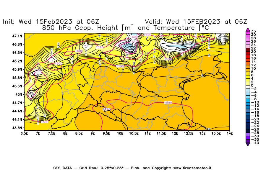 Mappa di analisi GFS - Geopotenziale [m] e Temperatura [°C] a 850 hPa in Nord-Italia
							del 15/02/2023 06 <!--googleoff: index-->UTC<!--googleon: index-->