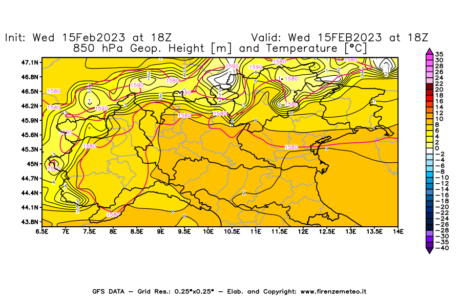 Mappa di analisi GFS - Geopotenziale [m] e Temperatura [°C] a 850 hPa in Nord-Italia
							del 15/02/2023 18 <!--googleoff: index-->UTC<!--googleon: index-->