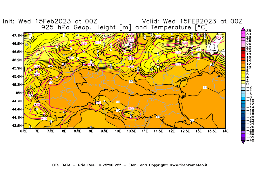 Mappa di analisi GFS - Geopotenziale [m] e Temperatura [°C] a 925 hPa in Nord-Italia
							del 15/02/2023 00 <!--googleoff: index-->UTC<!--googleon: index-->