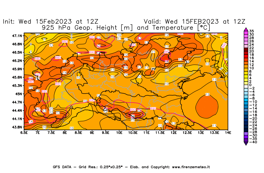 Mappa di analisi GFS - Geopotenziale [m] e Temperatura [°C] a 925 hPa in Nord-Italia
							del 15/02/2023 12 <!--googleoff: index-->UTC<!--googleon: index-->