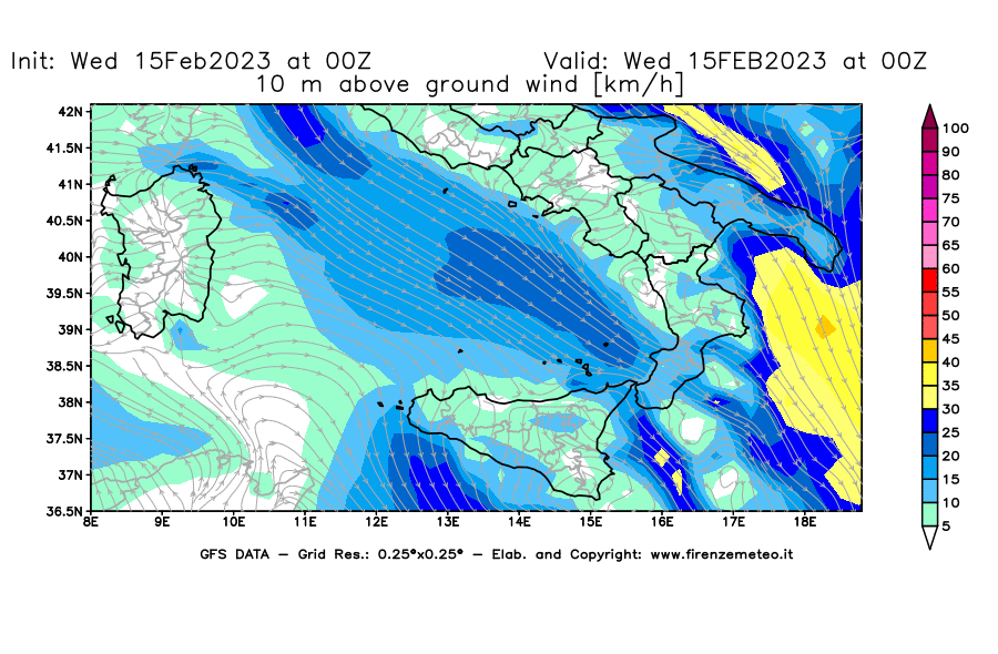 Mappa di analisi GFS - Velocità del vento a 10 metri dal suolo [km/h] in Sud-Italia
							del 15/02/2023 00 <!--googleoff: index-->UTC<!--googleon: index-->