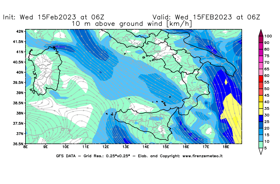 Mappa di analisi GFS - Velocità del vento a 10 metri dal suolo [km/h] in Sud-Italia
							del 15/02/2023 06 <!--googleoff: index-->UTC<!--googleon: index-->