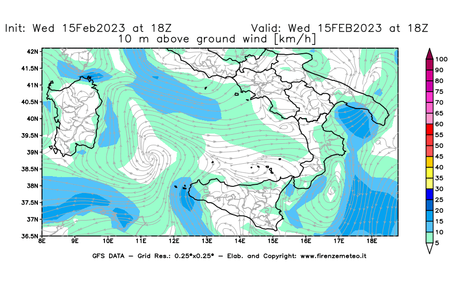 Mappa di analisi GFS - Velocità del vento a 10 metri dal suolo [km/h] in Sud-Italia
							del 15/02/2023 18 <!--googleoff: index-->UTC<!--googleon: index-->