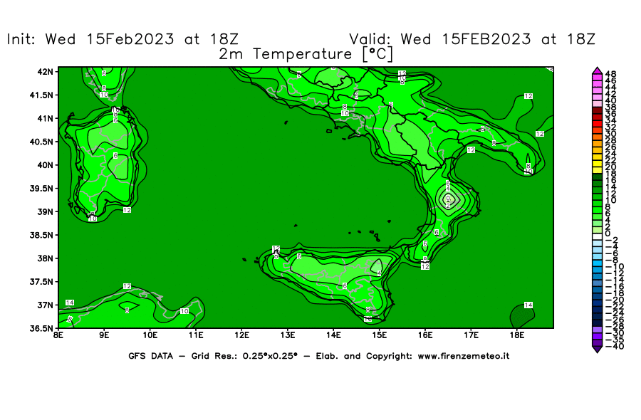 Mappa di analisi GFS - Temperatura a 2 metri dal suolo [°C] in Sud-Italia
							del 15/02/2023 18 <!--googleoff: index-->UTC<!--googleon: index-->