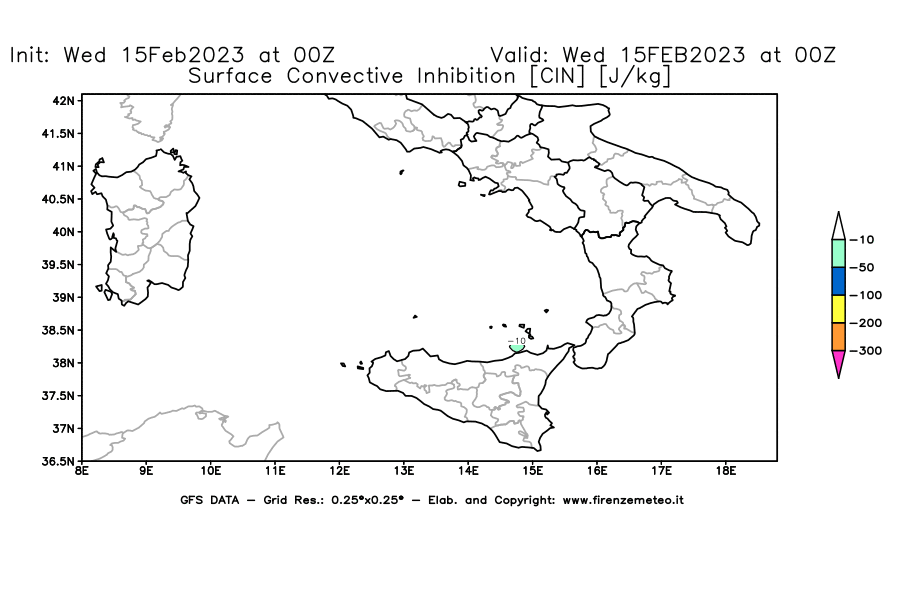 Mappa di analisi GFS - CIN [J/kg] in Sud-Italia
							del 15/02/2023 00 <!--googleoff: index-->UTC<!--googleon: index-->