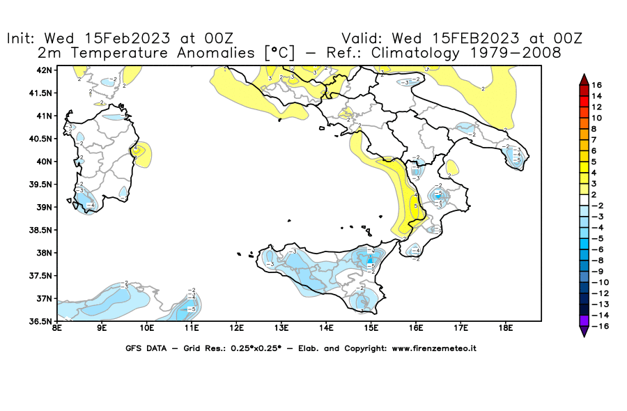 Mappa di analisi GFS - Anomalia Temperatura [°C] a 2 m in Sud-Italia
							del 15/02/2023 00 <!--googleoff: index-->UTC<!--googleon: index-->