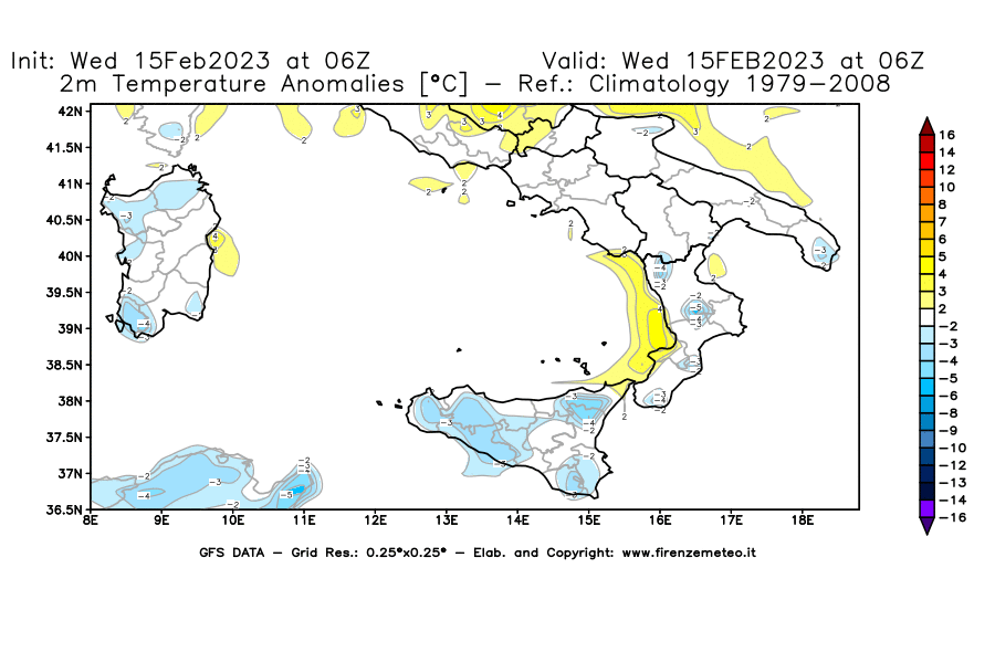 Mappa di analisi GFS - Anomalia Temperatura [°C] a 2 m in Sud-Italia
							del 15/02/2023 06 <!--googleoff: index-->UTC<!--googleon: index-->