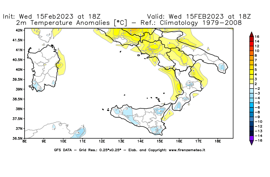Mappa di analisi GFS - Anomalia Temperatura [°C] a 2 m in Sud-Italia
							del 15/02/2023 18 <!--googleoff: index-->UTC<!--googleon: index-->