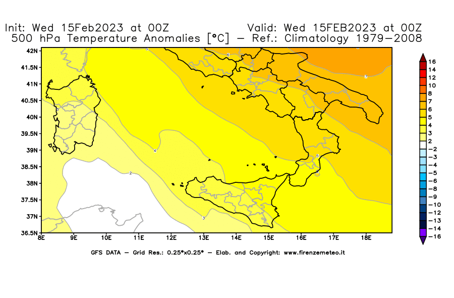 Mappa di analisi GFS - Anomalia Temperatura [°C] a 500 hPa in Sud-Italia
							del 15/02/2023 00 <!--googleoff: index-->UTC<!--googleon: index-->