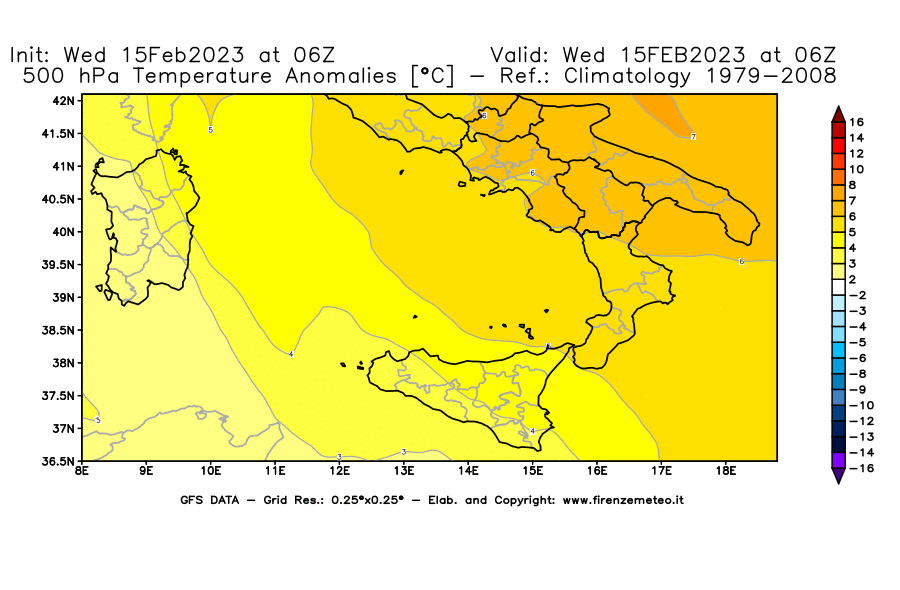 Mappa di analisi GFS - Anomalia Temperatura [°C] a 500 hPa in Sud-Italia
							del 15/02/2023 06 <!--googleoff: index-->UTC<!--googleon: index-->