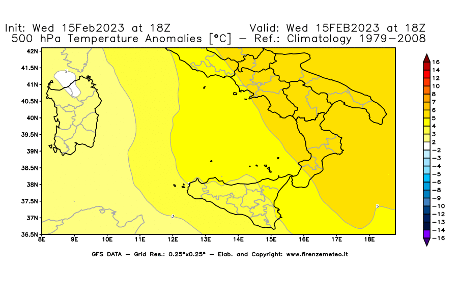 Mappa di analisi GFS - Anomalia Temperatura [°C] a 500 hPa in Sud-Italia
							del 15/02/2023 18 <!--googleoff: index-->UTC<!--googleon: index-->