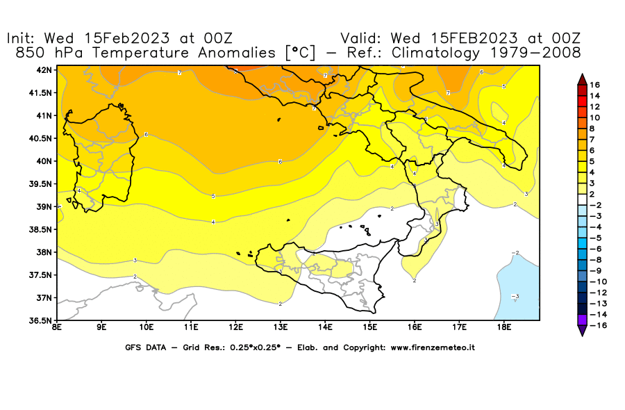 Mappa di analisi GFS - Anomalia Temperatura [°C] a 850 hPa in Sud-Italia
							del 15/02/2023 00 <!--googleoff: index-->UTC<!--googleon: index-->