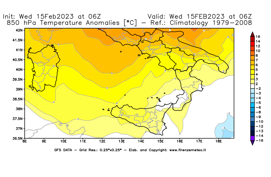 Mappa di analisi GFS - Anomalia Temperatura [°C] a 850 hPa in Sud-Italia
							del 15/02/2023 06 <!--googleoff: index-->UTC<!--googleon: index-->