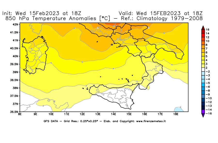 Mappa di analisi GFS - Anomalia Temperatura [°C] a 850 hPa in Sud-Italia
							del 15/02/2023 18 <!--googleoff: index-->UTC<!--googleon: index-->