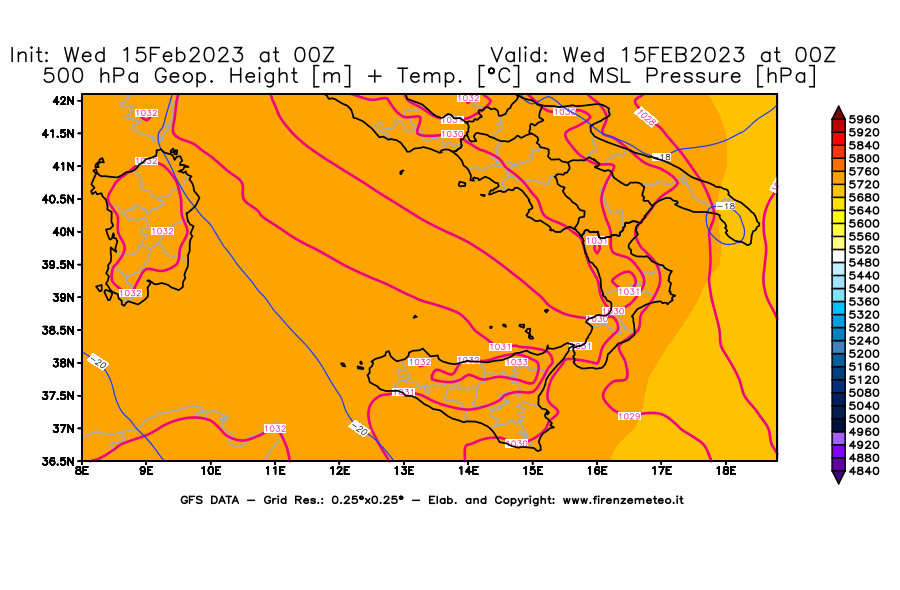 Mappa di analisi GFS - Geopotenziale [m] + Temp. [°C] a 500 hPa + Press. a livello del mare [hPa] in Sud-Italia
							del 15/02/2023 00 <!--googleoff: index-->UTC<!--googleon: index-->