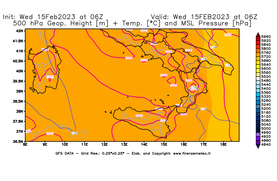 Mappa di analisi GFS - Geopotenziale [m] + Temp. [°C] a 500 hPa + Press. a livello del mare [hPa] in Sud-Italia
							del 15/02/2023 06 <!--googleoff: index-->UTC<!--googleon: index-->