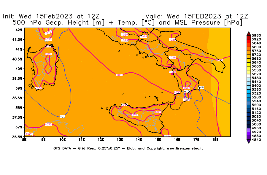 Mappa di analisi GFS - Geopotenziale [m] + Temp. [°C] a 500 hPa + Press. a livello del mare [hPa] in Sud-Italia
							del 15/02/2023 12 <!--googleoff: index-->UTC<!--googleon: index-->