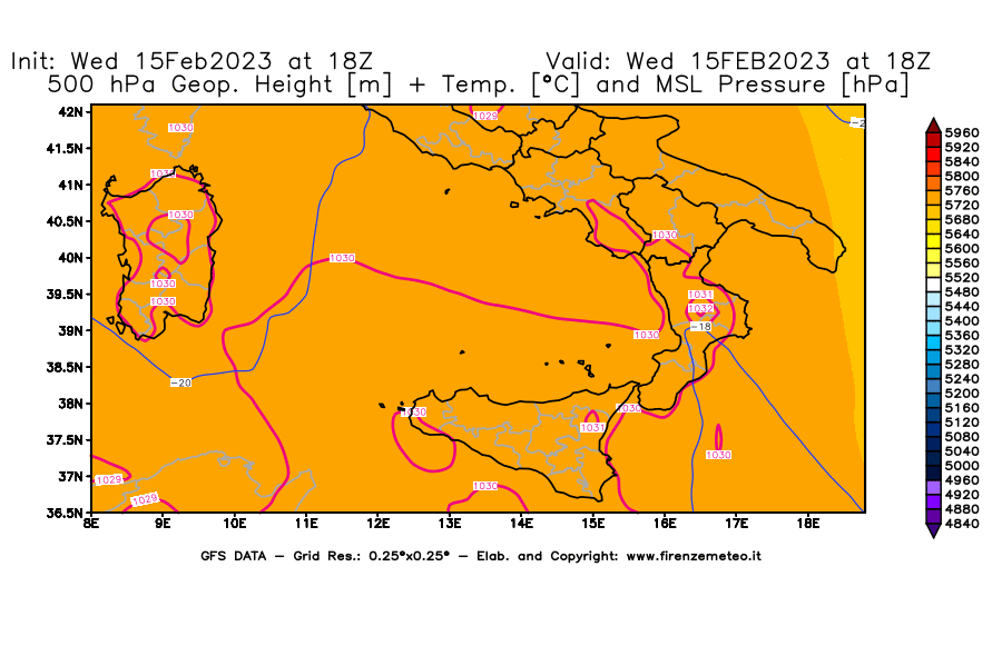 Mappa di analisi GFS - Geopotenziale [m] + Temp. [°C] a 500 hPa + Press. a livello del mare [hPa] in Sud-Italia
							del 15/02/2023 18 <!--googleoff: index-->UTC<!--googleon: index-->