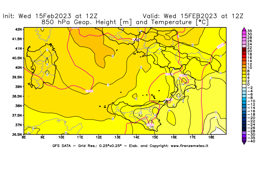 Mappa di analisi GFS - Geopotenziale [m] e Temperatura [°C] a 850 hPa in Sud-Italia
							del 15/02/2023 12 <!--googleoff: index-->UTC<!--googleon: index-->