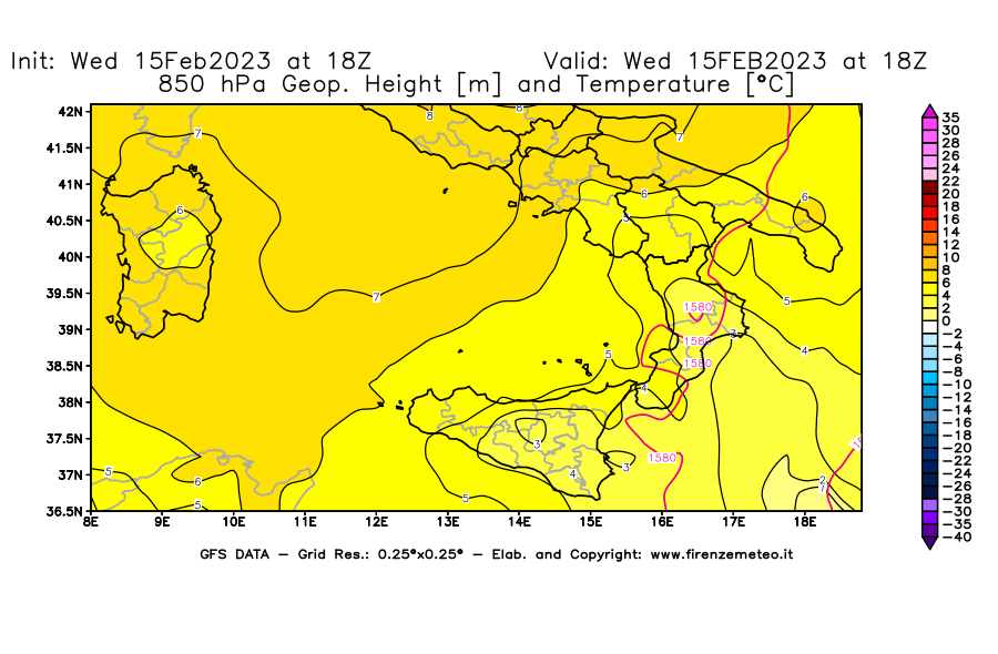 Mappa di analisi GFS - Geopotenziale [m] e Temperatura [°C] a 850 hPa in Sud-Italia
							del 15/02/2023 18 <!--googleoff: index-->UTC<!--googleon: index-->