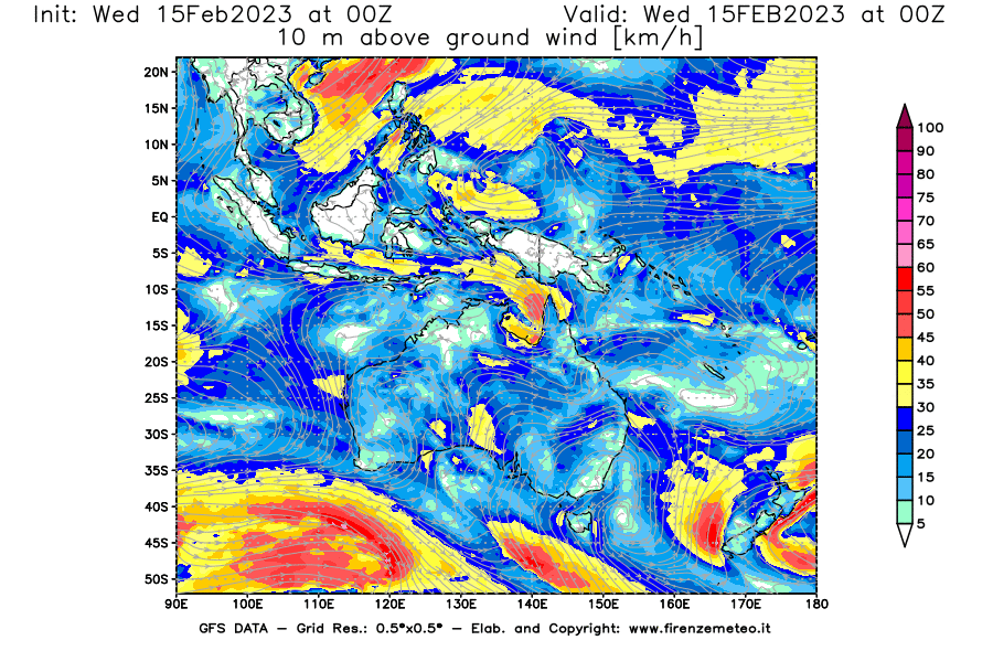 Mappa di analisi GFS - Velocità del vento a 10 metri dal suolo [km/h] in Oceania
							del 15/02/2023 00 <!--googleoff: index-->UTC<!--googleon: index-->