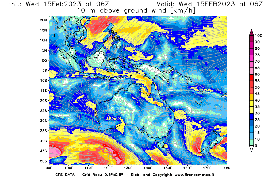 Mappa di analisi GFS - Velocità del vento a 10 metri dal suolo [km/h] in Oceania
							del 15/02/2023 06 <!--googleoff: index-->UTC<!--googleon: index-->