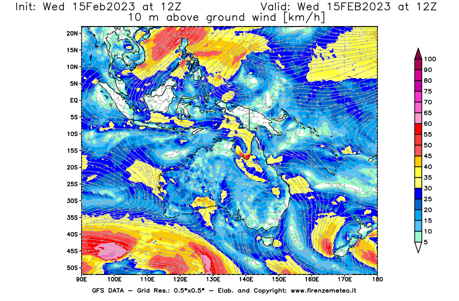 Mappa di analisi GFS - Velocità del vento a 10 metri dal suolo [km/h] in Oceania
							del 15/02/2023 12 <!--googleoff: index-->UTC<!--googleon: index-->