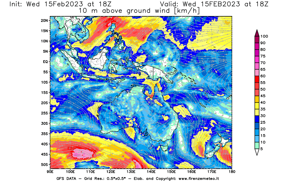 Mappa di analisi GFS - Velocità del vento a 10 metri dal suolo [km/h] in Oceania
							del 15/02/2023 18 <!--googleoff: index-->UTC<!--googleon: index-->