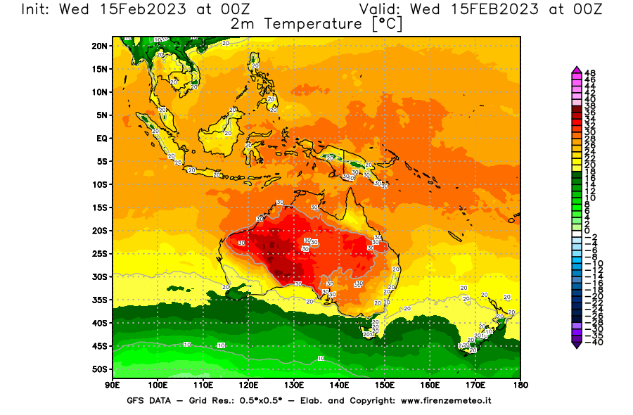 Mappa di analisi GFS - Temperatura a 2 metri dal suolo [°C] in Oceania
							del 15/02/2023 00 <!--googleoff: index-->UTC<!--googleon: index-->