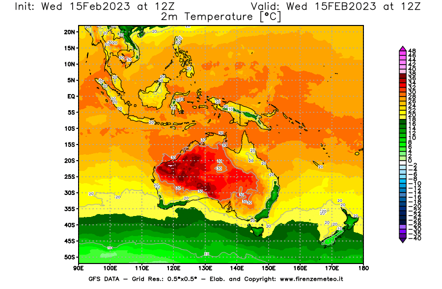 Mappa di analisi GFS - Temperatura a 2 metri dal suolo [°C] in Oceania
							del 15/02/2023 12 <!--googleoff: index-->UTC<!--googleon: index-->