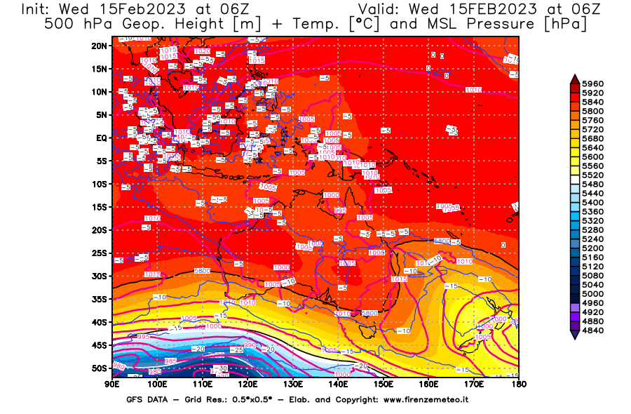 Mappa di analisi GFS - Geopotenziale [m] + Temp. [°C] a 500 hPa + Press. a livello del mare [hPa] in Oceania
							del 15/02/2023 06 <!--googleoff: index-->UTC<!--googleon: index-->