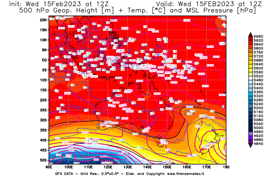 Mappa di analisi GFS - Geopotenziale [m] + Temp. [°C] a 500 hPa + Press. a livello del mare [hPa] in Oceania
							del 15/02/2023 12 <!--googleoff: index-->UTC<!--googleon: index-->