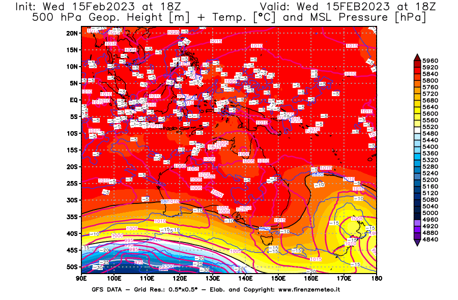 Mappa di analisi GFS - Geopotenziale [m] + Temp. [°C] a 500 hPa + Press. a livello del mare [hPa] in Oceania
							del 15/02/2023 18 <!--googleoff: index-->UTC<!--googleon: index-->