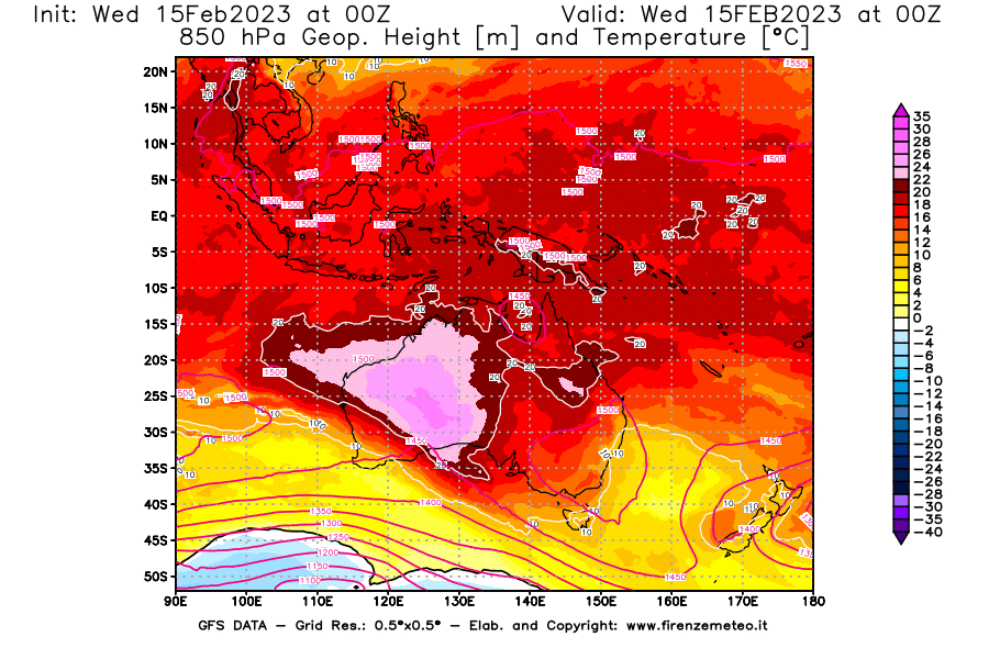 Mappa di analisi GFS - Geopotenziale [m] e Temperatura [°C] a 850 hPa in Oceania
							del 15/02/2023 00 <!--googleoff: index-->UTC<!--googleon: index-->