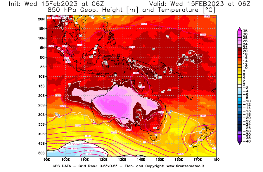 Mappa di analisi GFS - Geopotenziale [m] e Temperatura [°C] a 850 hPa in Oceania
							del 15/02/2023 06 <!--googleoff: index-->UTC<!--googleon: index-->