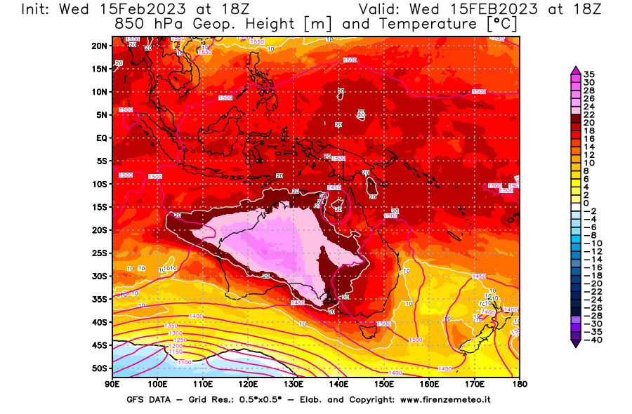 Mappa di analisi GFS - Geopotenziale [m] e Temperatura [°C] a 850 hPa in Oceania
							del 15/02/2023 18 <!--googleoff: index-->UTC<!--googleon: index-->